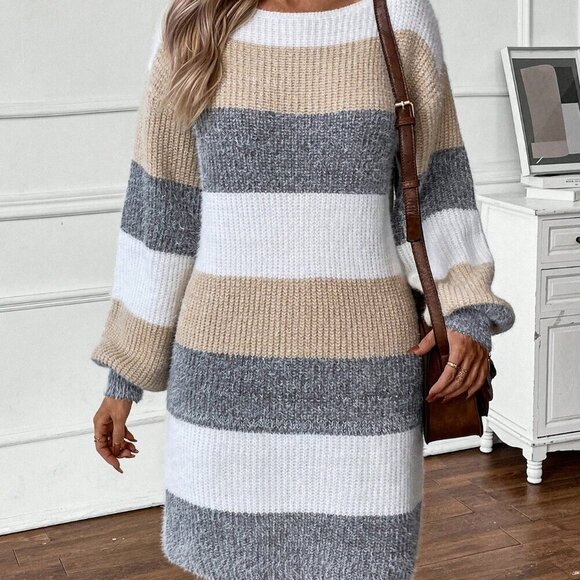 Multicolor Casual Women's Three Colored Sweater Dress With Horizontal Patchwork - Picture 5 of 5